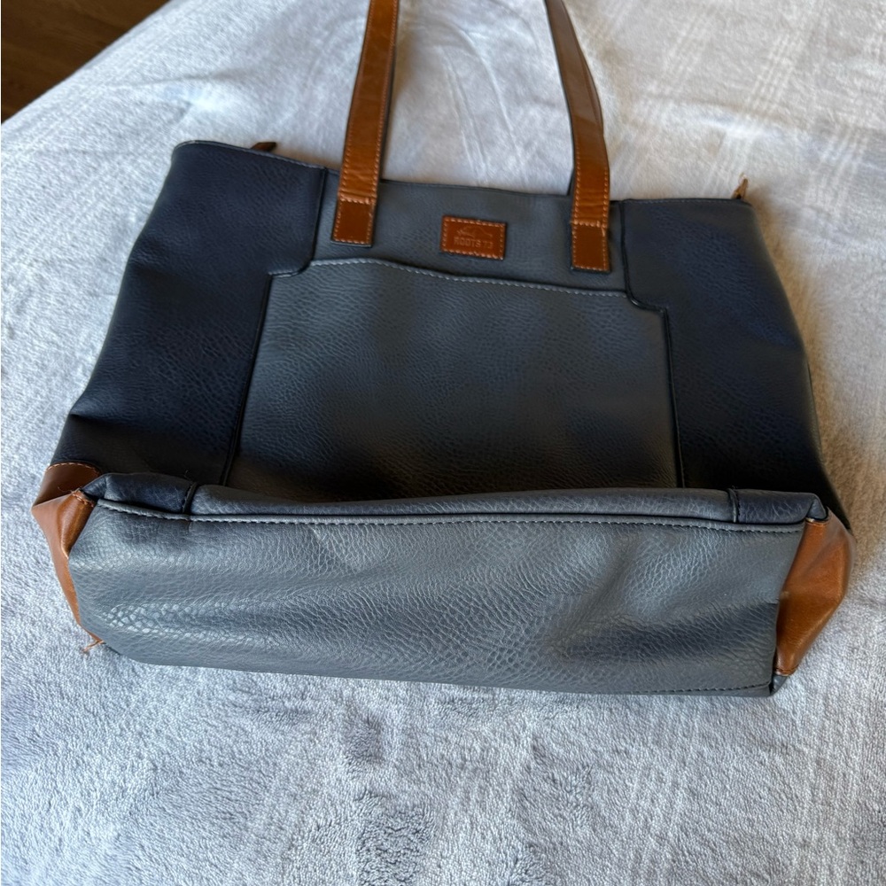 Roots Blue Tote with Tan Handles
